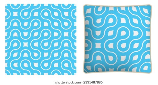 Square decorative pillow, bedroom accessory decorated abstract geometric blue seamless pattern with lines and fractal ornament. Vector ornament for design of posters and printing on textile