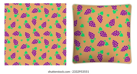 Square decorative pillow, bedroom accessory decorated seamless pattern with sketchy bunch of grapes and leaves. Vector ornament for design of posters and printing on textile