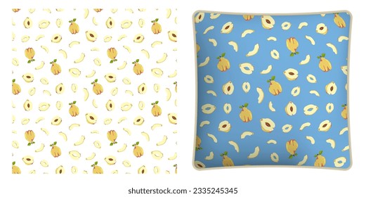 Square decorative pillow, bedroom accessory decorated seamless pattern with Quince fruit whole and cut in half. Exotic fruit. Vector ornament for design of posters and printing on textile