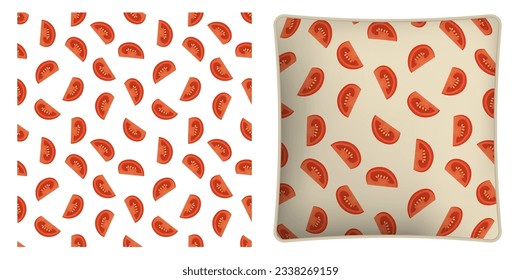 Square decorative pillow, bedroom accessory decorated seamless pattern with sliced tomato. Tomato wedges and slices for salad. Vector ornament for design of posters and printing on textile