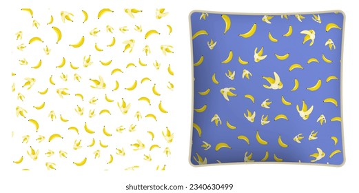 Square decorative pillow, bedroom accessory decorated Ripe peeled yellow banana with bitten off part of fruit seamless pattern. Vector ornament for design of posters and printing on textile