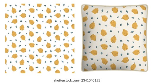 Square decorative pillow, bedroom accessory decorated seamless pattern with quince fruit whole and leaves. Exotic fruit party. Vector ornament for design of posters and printing on textile