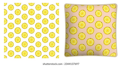 Square decorative pillow, bedroom accessory decorated seamless pattern with pineapple circle. Harvesting tropical fruits. Vector ornament for design of posters and printing on textile