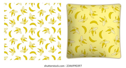Square decorative pillow, bedroom accessory decorated seamless pattern with peeled sweet ripe bananas. Harvesting tropical fruits. Vector ornament for design of posters and printing on textile