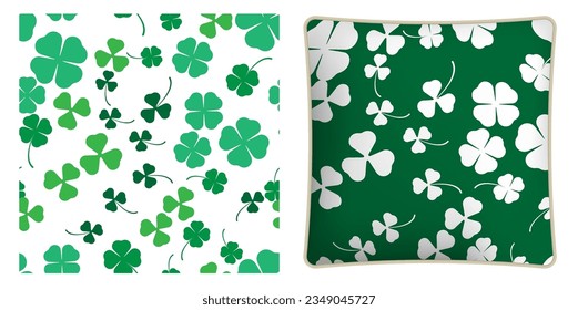 Square decorative pillow, bedroom accessory decorated three and four leaf clover seamless patterns. Clover leaf floral ornament. Vector ornament for design of posters and printing on textile