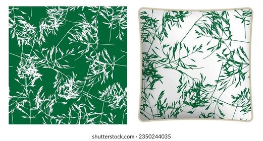 Square decorative pillow, bedroom accessory decorated cereal grass leaves silhouettes seamless pattern. Autumn field grass floral ornate. Vector ornament for design of posters and printing on textile