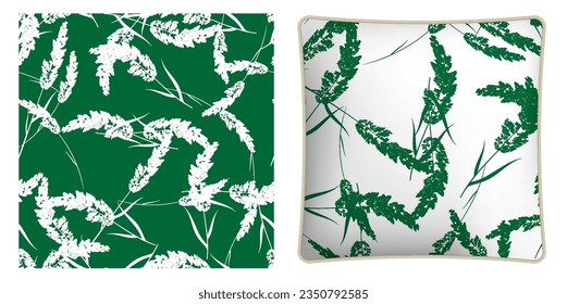 Square decorative pillow, bedroom accessory decorated cereal grass with panicle fluffy crown of meadow grass seamless pattern. Vector ornament for design of posters and printing on textile