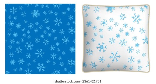 Square decorative pillow, bedroom accessory decorated winter snowflakes. Six pointed fluffy snowflakes symbol of winter weather. Vector ornament for design of posters and printing on textile