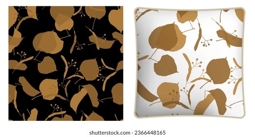 almohada cuadrada decorativa, siluetas adornadas con accesorios de dormitorio de hojas de lienzo sin costura. Hojas otoñales caídas de tilo. Ornamento vectorial para el diseño de carteles e impresión en textiles