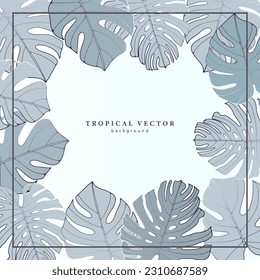 Square delicate tropical background with monstera leaves in blue tones. Background for cards, invitations, greeting letters, letters of gratitude, decor