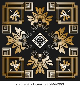 Square design in Art Nouveau style with original golden ornament for neckerchief, bandana or other. Version 2. Vector illustration