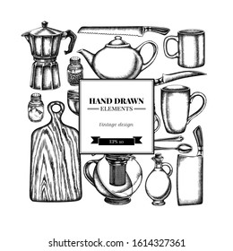 Square design with black and white Chef's knifes, teaspoon, spoon, fork, knife, cutting board, bottle of oil, teapots, coffee pot, cups, sugar bowl, pepper shaker, salt shaker