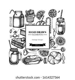 Square design with black and white cinnamon, macaron, lollipop, bar, candies, oranges, buns and bread, croissants and bread, strawberry, milk boxes, smoothie cup, lollipop, smothie jars, cheesecake