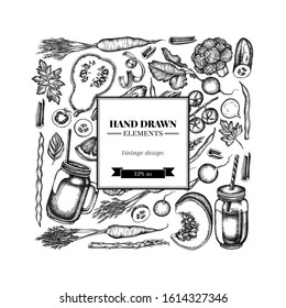 Square design with black and white lemons, broccoli, radish, green beans, cherry tomatoes, beet, greenery, carrot, basil, pumpkin, smoothie cup, smothie jars, cucumber, celery