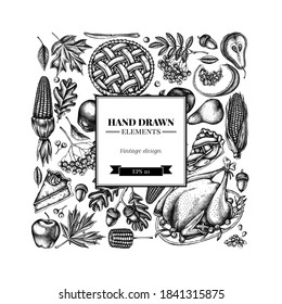 Square design with black and white pumpkin, fork, knife, pears, turkey, pumpkin pie, apple pie, corn, apples, rowan, maple, oak