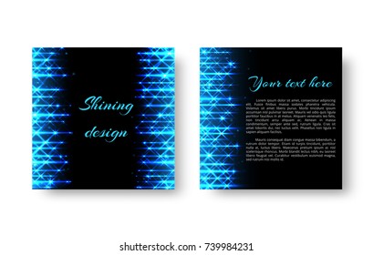 Square design of brochure cover with blue neon lights on a black background for Christmas decoration