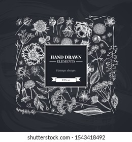 Square design with chalk shepherd's purse, heather, fern, wild garlic, clover, globethistle, gentiana, astilbe, craspedia, lagurus, black caraway, chamomile, dandelion, poppy flower, lily of the