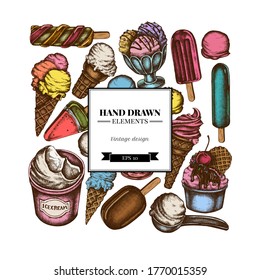 Square design with colored ice cream bowls, ice cream bucket, popsicle ice cream, ice cream cones