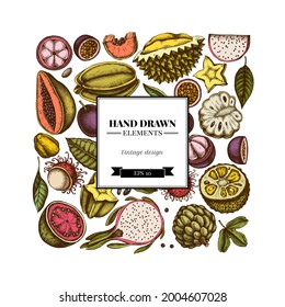 Diseño cuadrado con papaya de color, guayaba, fruta de la pasión, starfruit, durión, rambutan, pitaya, yaca, manzana de azúcar, arveja, mangostino
