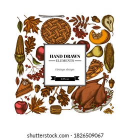 Square design with colored pumpkin, fork, knife, pears, turkey, pumpkin pie, apple pie, corn, apples, rowan, maple, oak