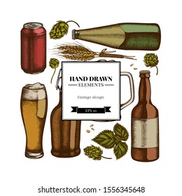 Square design with colored rye, hop, mug of beer, bottles of beer, aluminum can