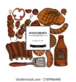 Diseño cuadrado con espátula de colores, costillas de cerdo, kebab, salchichas, bistec, botellas de salsa, hamburguesas a la parrilla, tomate a la parrilla, filete de salmón a la parrilla, pimienta a la parrilla