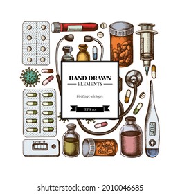 Square design with colored vial of blood, pills and medicines, medical thermometer, coronavirus rapid test, coronavirus bacteria cell, stethoscope, syringe, vaccine