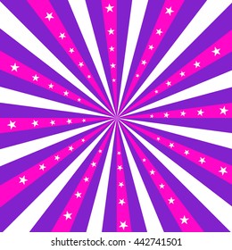 Square design featuring pnk, purple and white stripes radiating out from the center, with white stars. Vector EPS-10 file, transparency used. 