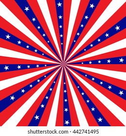 Square design featuring red, white and blue stripes radiating out from the center, with white stars. Vector EPS-10 file, transparency used. 
