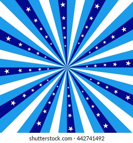 Square design featuring white and blue stripes radiating out from the center, with white stars. Vector EPS-10 file, transparency used. 