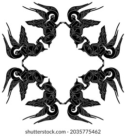 Square design or frame with flying angels. Christian symbol. Black and white negative silhouette.
