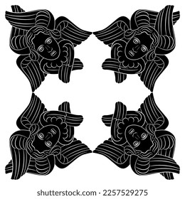 Square design or frame with six wings angel heads. Seraph or Seraphim. Medieval Christian symbol. Black and white silhouette.