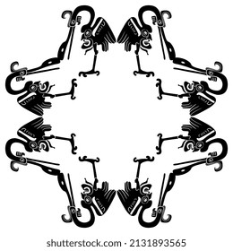 Square design or frame with stylized heron birds with human faces on their bellies. Ancient Native American ethnic animal design. Black and white silhouette.