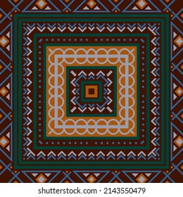 Square design with geometric ornament. Boho style print for bandana, plaid, blanket, scarf, pareo and other textiles.