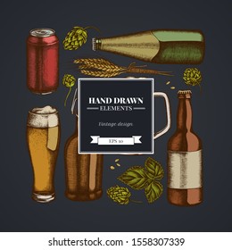 Square design on dark background with rye, hop, mug of beer, bottles of beer, aluminum can