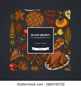 Square design on dark background with pumpkin, fork, knife, pears, turkey, pumpkin pie, apple pie, corn, apples, rowan, maple, oak