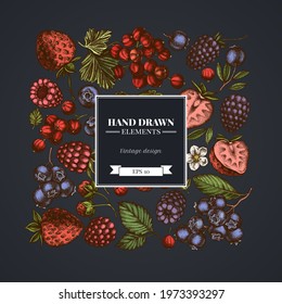 Square design on dark background with strawberry, blueberry, red currant, raspberry, blackberry