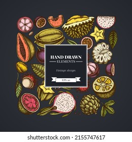 Square design on dark background with papaya, guava, passion fruit, starfruit, durian, rambutan, pitaya, jackfruit, sugar-apple, soursop, mangosteen