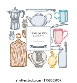 Square design with pastel Chef s knifes, teaspoon, spoon, fork, knife, cutting board, bottle of oil, teapots, coffee pot, cups, sugar bowl, pepper shaker, salt shaker