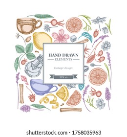 Square design with pastel cinnamon, lemons, oranges, tea bag, sugar cubes, heather, chamomile, dog rose, peppermint, almond, strawberry, teaspoon, teapots, cups, sugar bowl