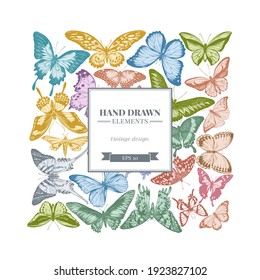 Square design with pastel great orange-tip, emerald swallowtail, jungle queens, plain tiger, rajah brooke s birdwing, papilio torquatus, swallowtail butterfly