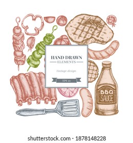 Square design with pastel spatula, Pork ribs, kebab, sausages, steak, sauce bottles, grilled burger patties, grilled tomato, grilled salmon steak, grilled bell pepper