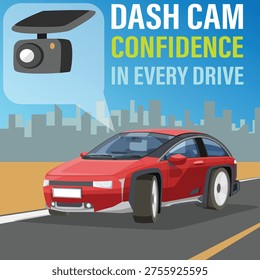 Square design present product of Dash Cam recording on red car. Concept is to ensure confident driving by recording images along the entire route on the road. Background of big city under a blue sky.