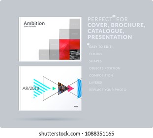 Square design presentation template with colourful pixels shadows. Abstract vector set of modern horizontal banners