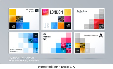 Square design presentation template with colourful pixels shadows. Abstract vector set of modern horizontal banners