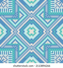 Square design for scarf, shawl, bandana, pareo, hijab, plaid and other textiles. Abstract print in pixel style. Scheme for embroidery. 