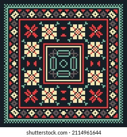 Square design for scarf, shawl, bandana, pareo, hijab, plaid and other textiles. Abstract print in pixel style. Scheme for embroidery. 