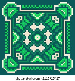 Square design for scarf, shawl, bandana, hijab, plaid, pareo, and other textiles. Abstract print in pixel style. Scheme for embroidery. 