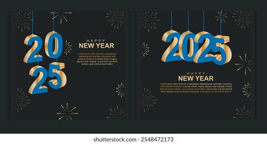 Plantilla de redes sociales de diseño cuadrado. feliz año nuevo 2025 con texto de oro 3D y decoración de cinta de oro celebración de año nuevo
