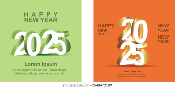 Modelo de mídia social de design quadrado. feliz ano novo 2025 com texto de ouro 3d e decoração de fita de ouro celebração de ano novo